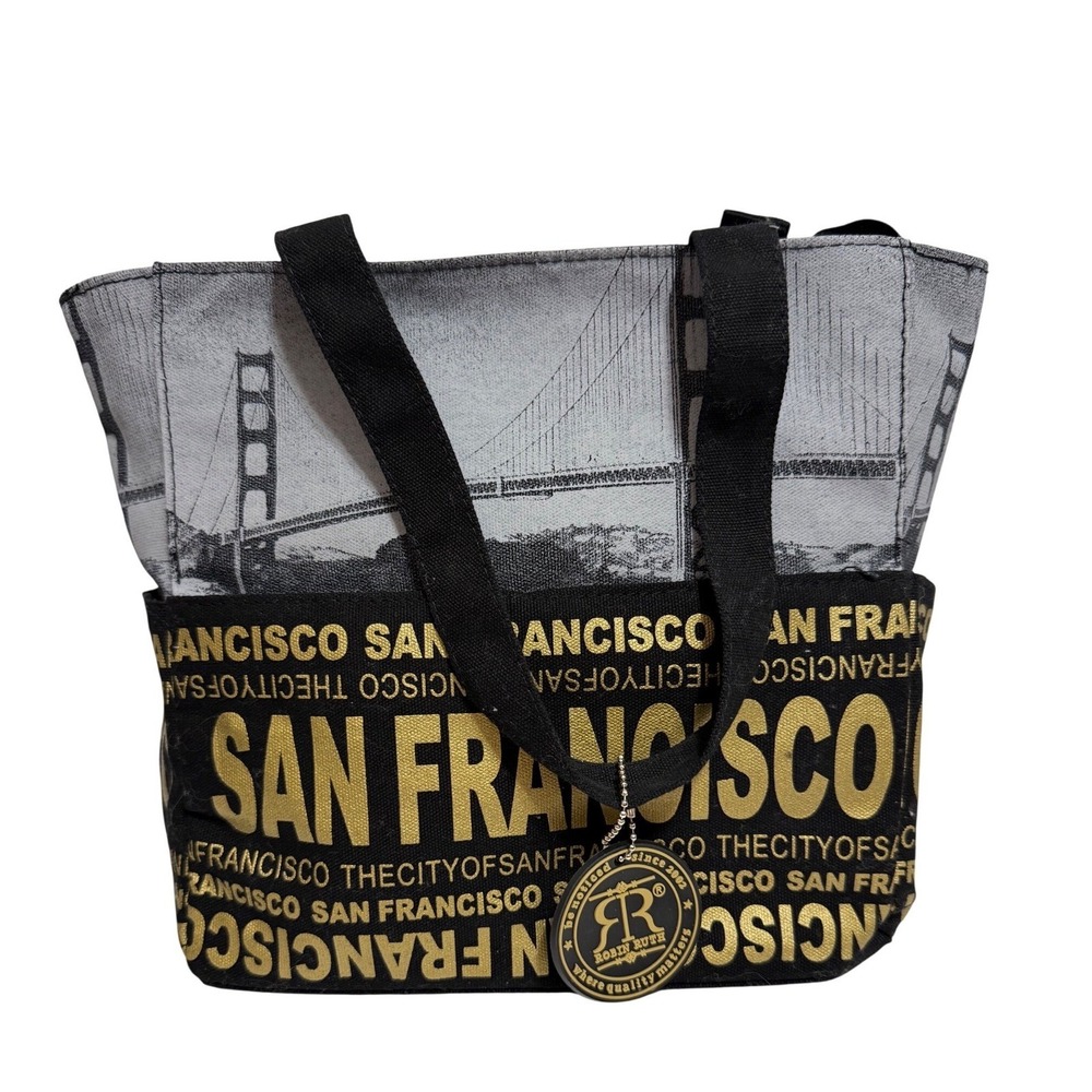 Robin Ruth San Francisco Golden Gate Bridge Canvas Tote Bag Black Gold Zip Top